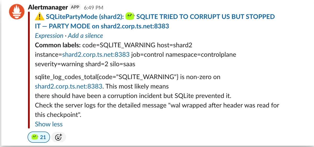 Известие SQLitePartyMode в Alert Manager