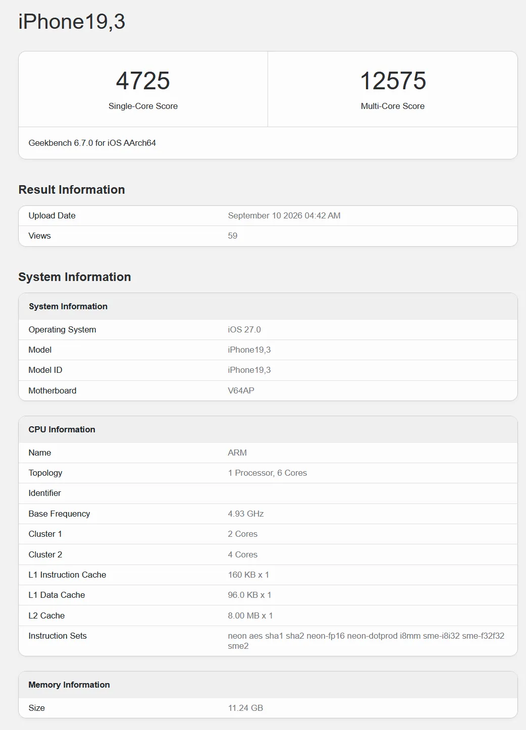Резултатите на Apple A20 Pro в Geekbench 6.7