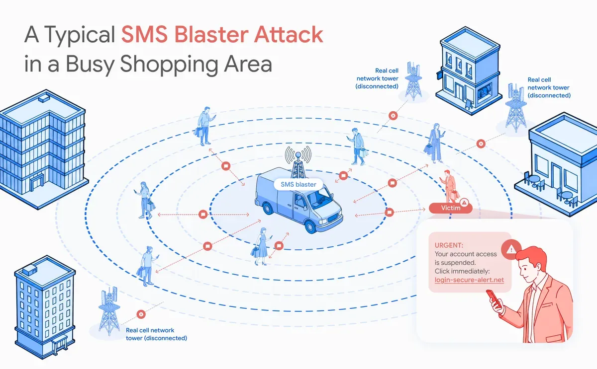 Схема на Google как SMS blaster устройство разпраща съобщения през фалшива базова станция