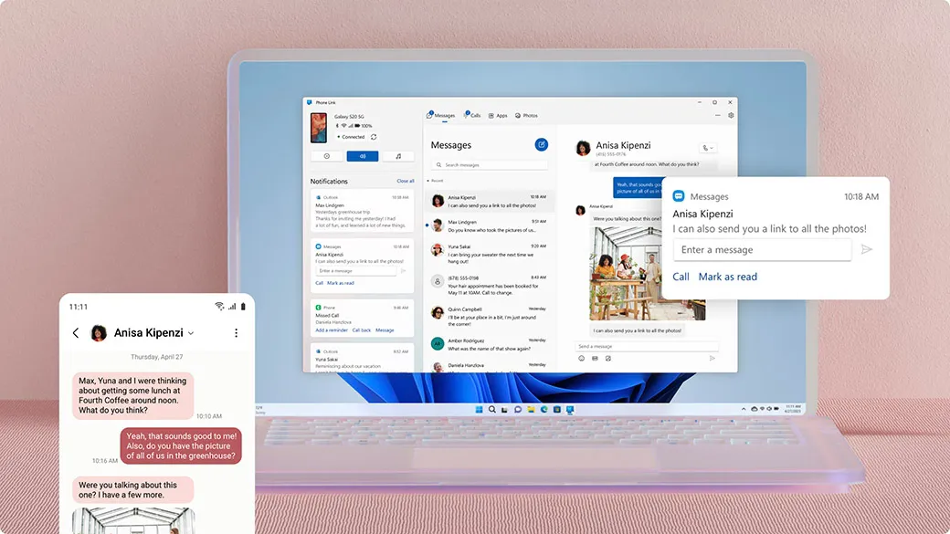 Прозорецът на Phone Link на Windows с известия от телефона
