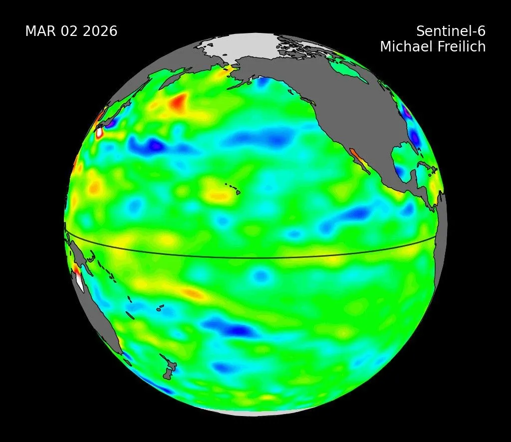 Височина на морската повърхност в Тихия океан, измерена от Sentinel-6 Michael Freilich