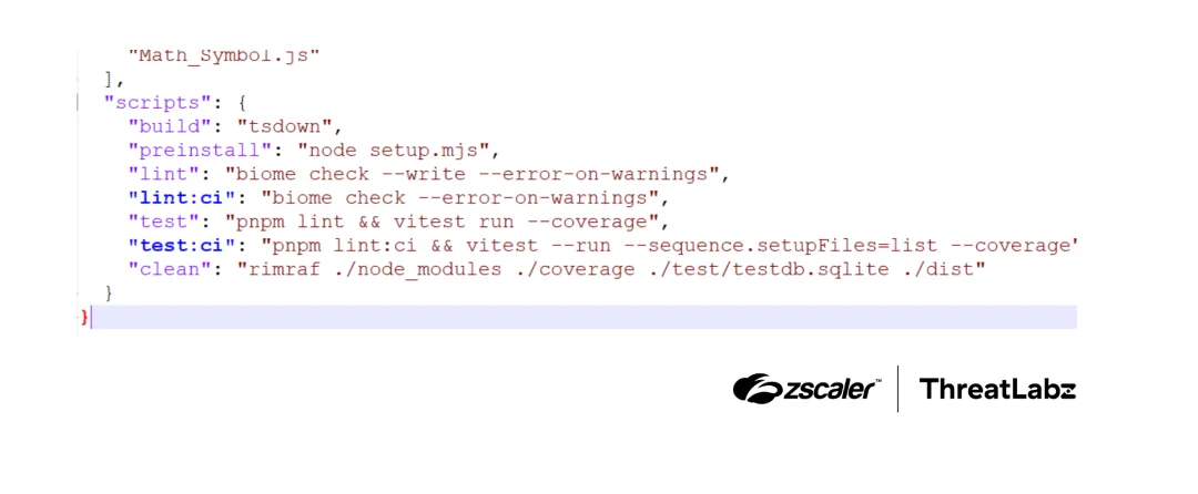 Кодът на preinstall куката в package.json на заразен пакет
