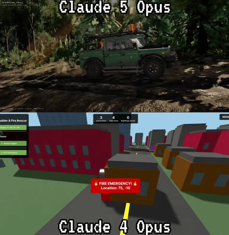 Сравнение на 3D сцени, генерирани от Claude 4 Opus и Claude Opus 5