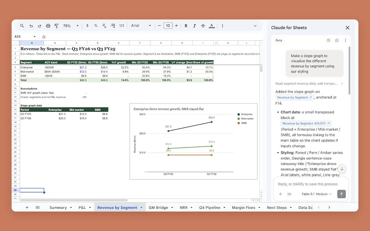 Claude в страничен панел на Google Sheets с формули и таблица