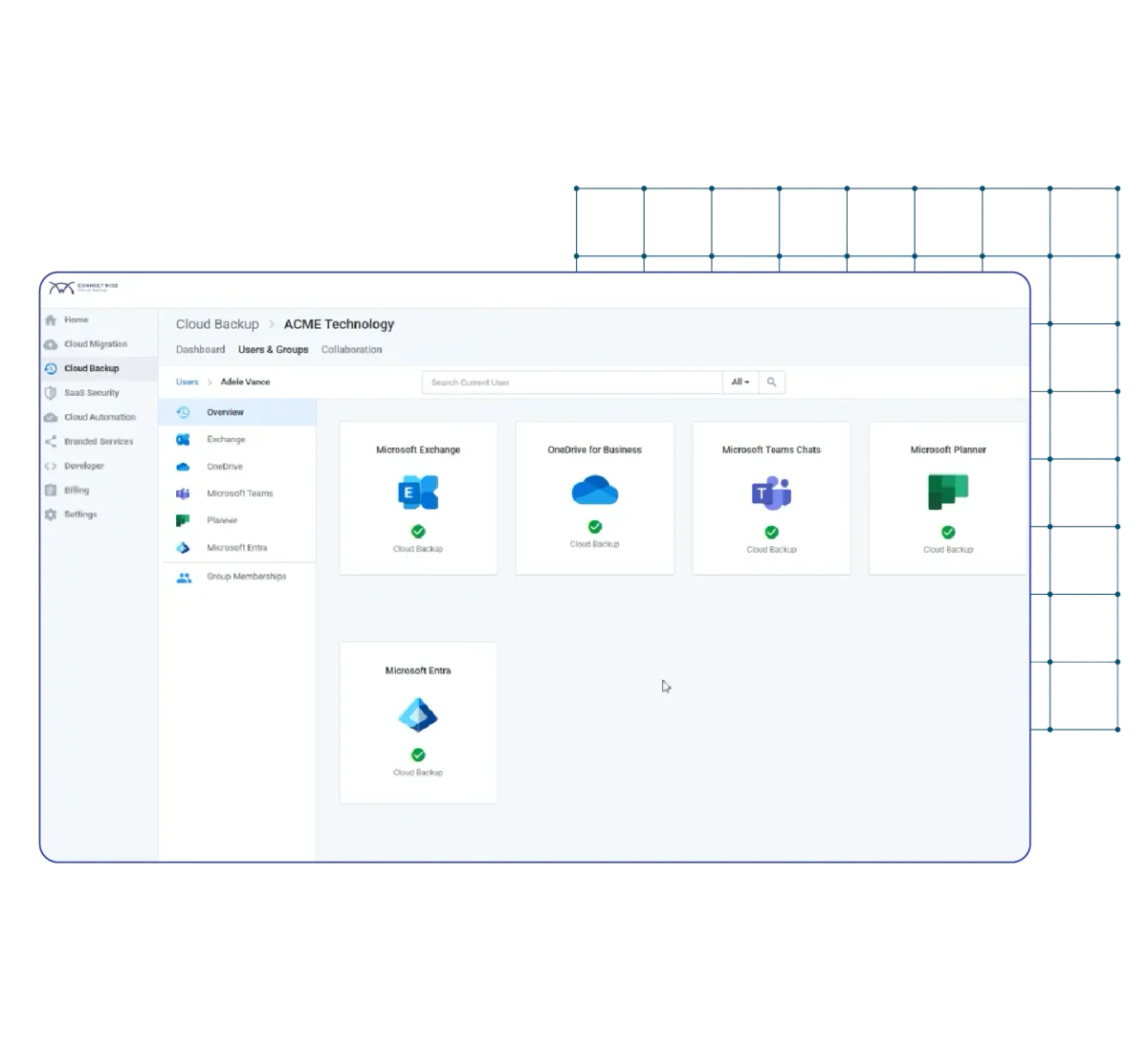 Екран на ConnectWise Cloud Backup за защита на Microsoft 365 данни