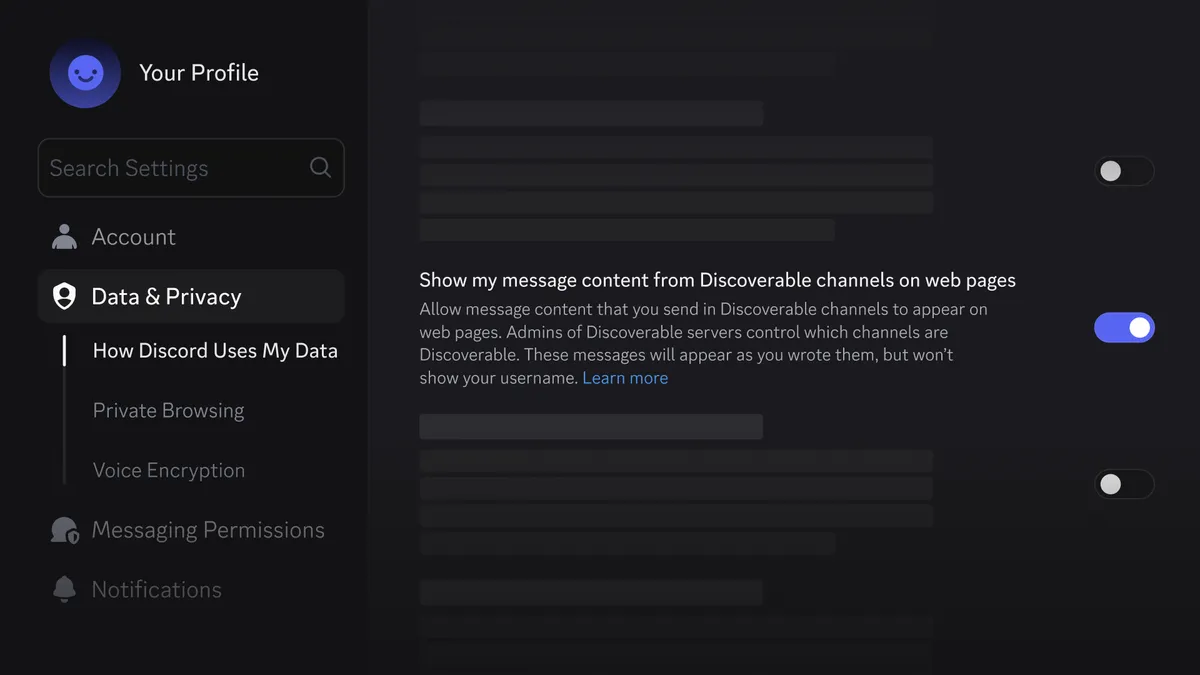 Настройката в User Settings на Discord