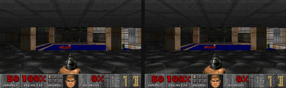 Сравнение между оригиналния Doom и кадър, изчислен от SQL заявки
