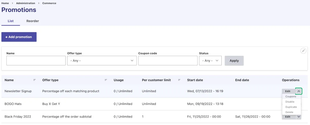 Интерфейсът за промоции и отстъпки в Drupal Commerce