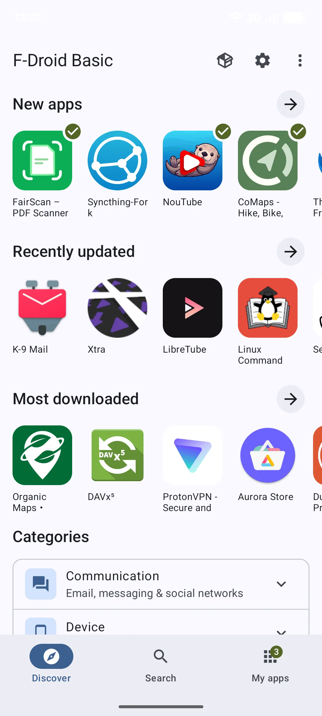 Новият екран Discover във F-Droid 2.0