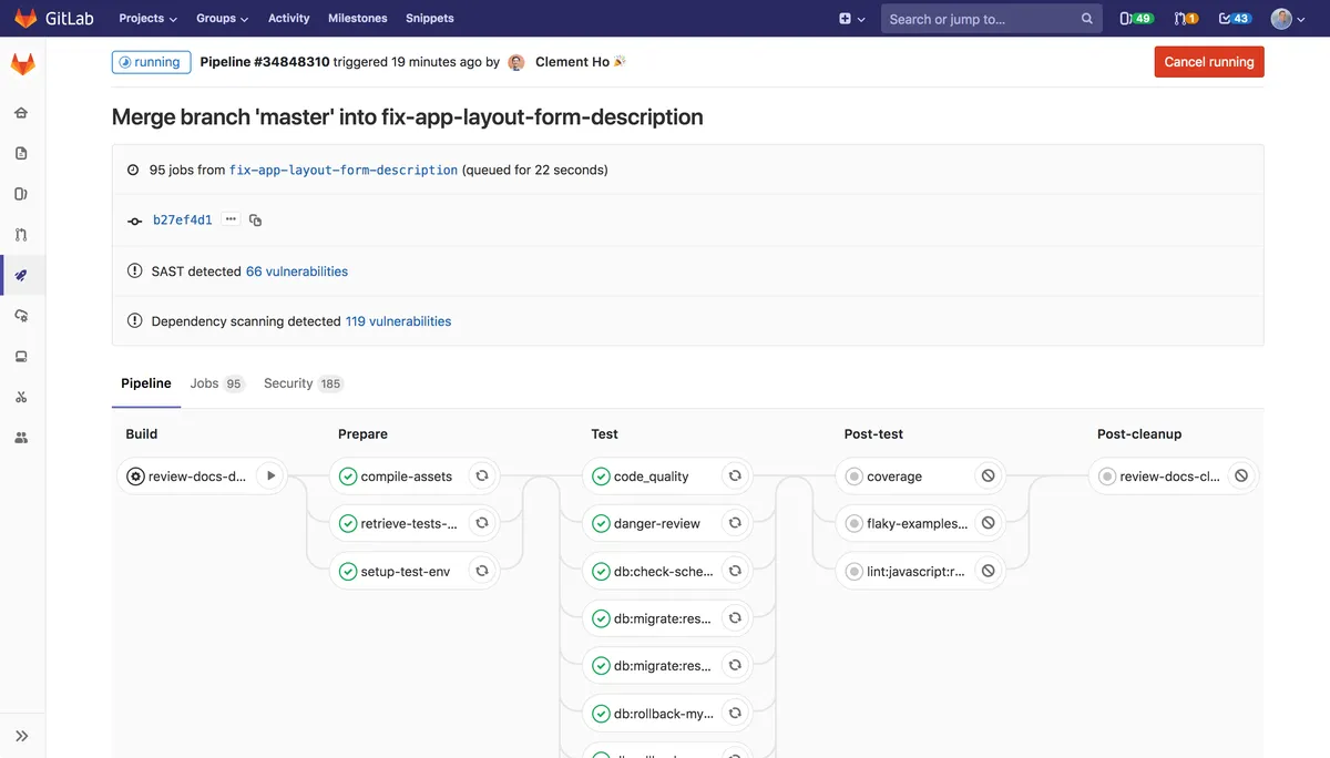 Изглед на pipeline в GitLab