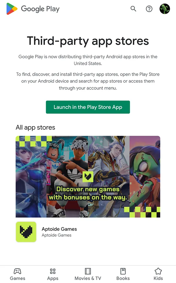 Екранът за инсталиране на външен магазин в Google Play