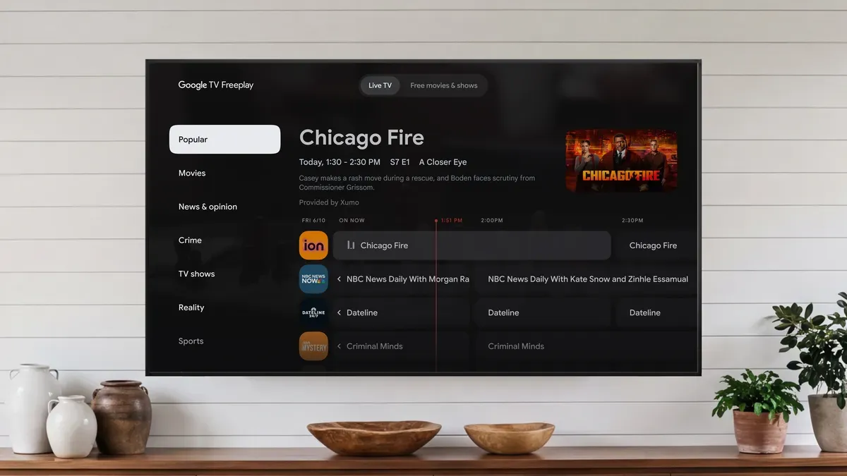 Разделът с живи канали в Google TV Freeplay