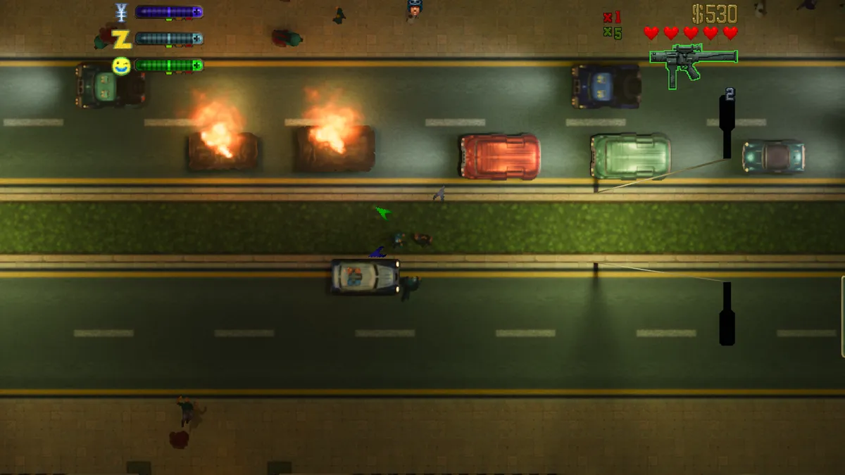 Улица в GTA 2 с path tracing: неонови надписи и отражения по асфалта
