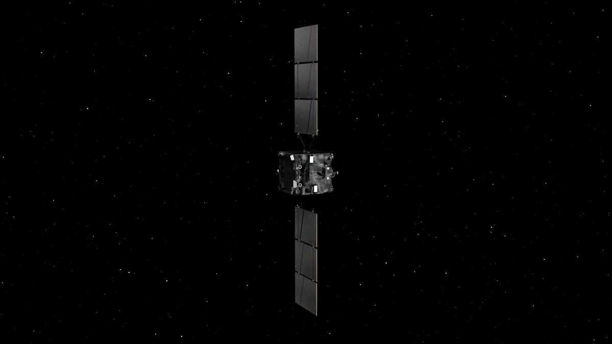 Сондата Hera с инструменталната си палуба напред и двойката кръгли камери Asteroid Framing Camera