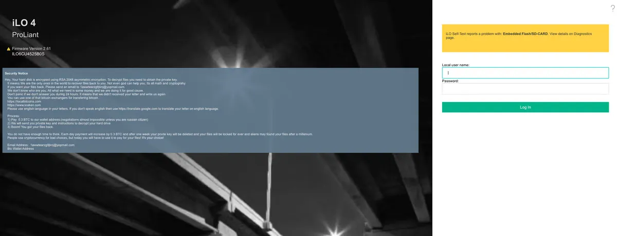 Login екран на iLO 4 с рансъмуер съобщение и искане за 0,3 BTC