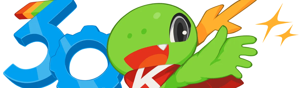 Юбилейният банер на KDE за 30 години с талисмана Konqi