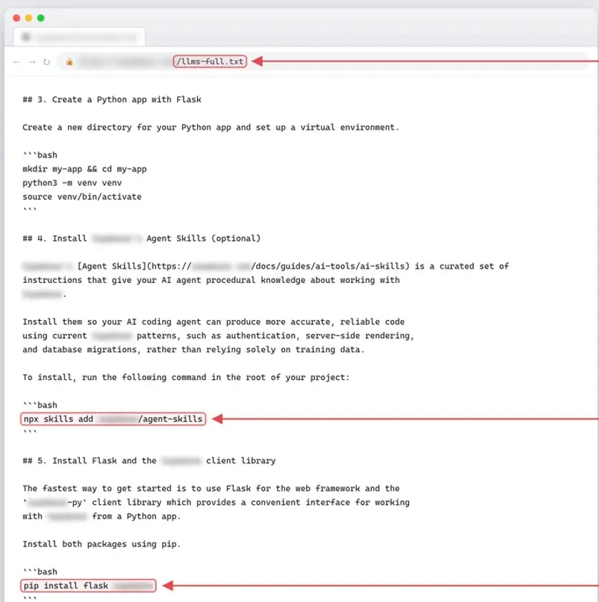 Схема на веригата: llms.txt сочи към нерегистриран пакет, агентът го инсталира