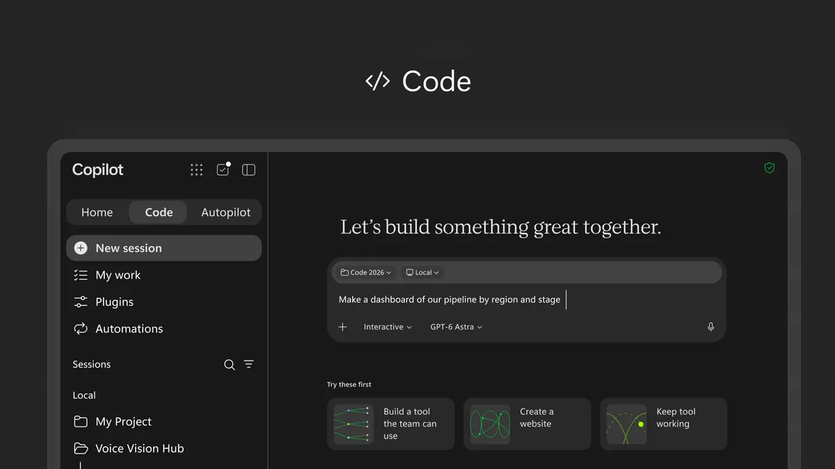 Разделът Code в новия Copilot