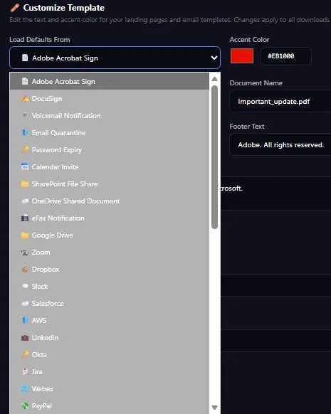 Интерфейсът на платформата EvilTokens с готовите теми за фишинг