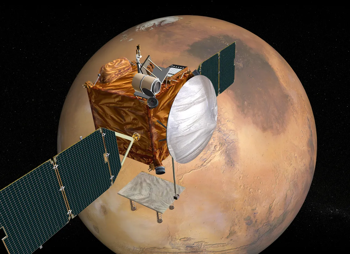 Концептуална рисунка на отменения Mars Telecommunications Orbiter в полет около Марс