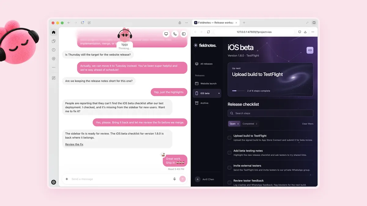 Интерфейсът на dots в ChatGPT показва чата и живата активност на агента