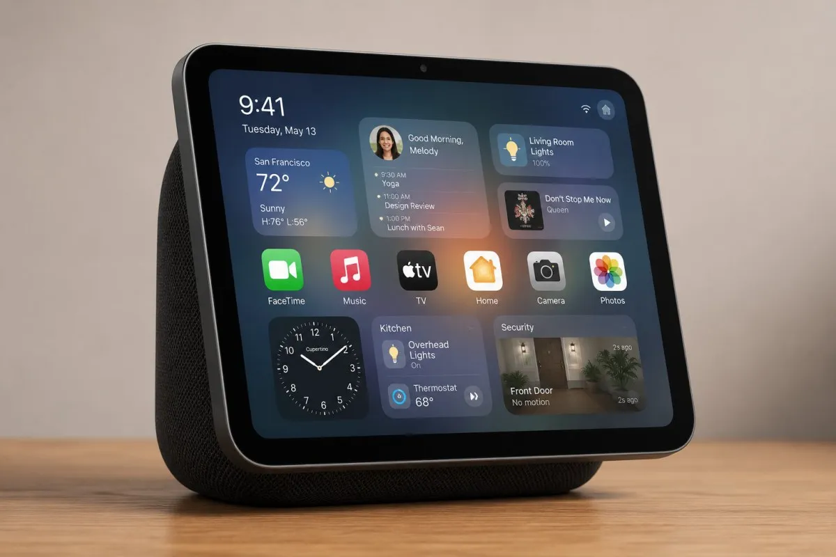 Рендер на очакваната умна колонка Apple Home Hub с екран