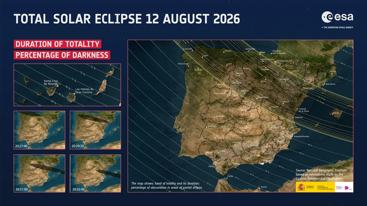 Карта на ивицата на пълната фаза над Испания на 12 август 2026 г.