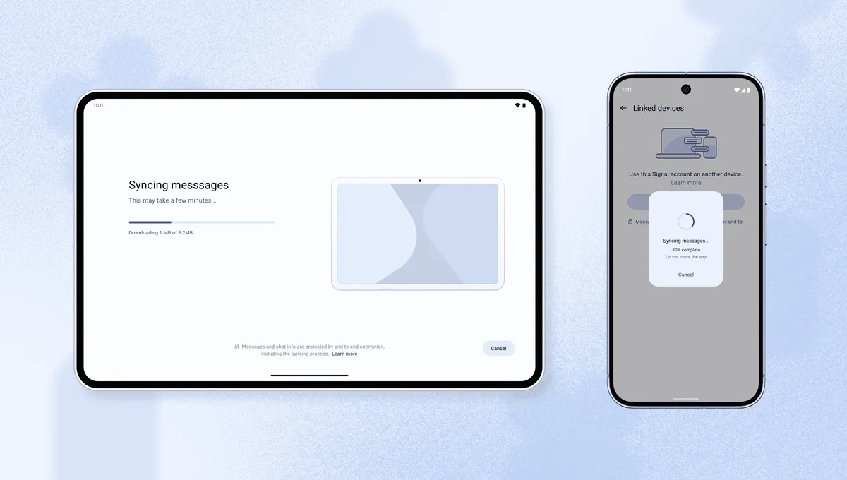 Илюстрация на таблет, телефон и лаптоп, свързани към един акаунт в Signal