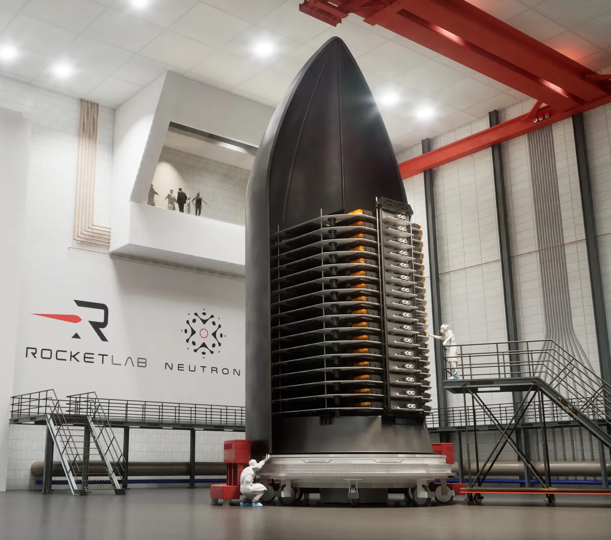 Художествена визуализация на флателити на Rocket Lab в обтекателя на ракетата Neutron