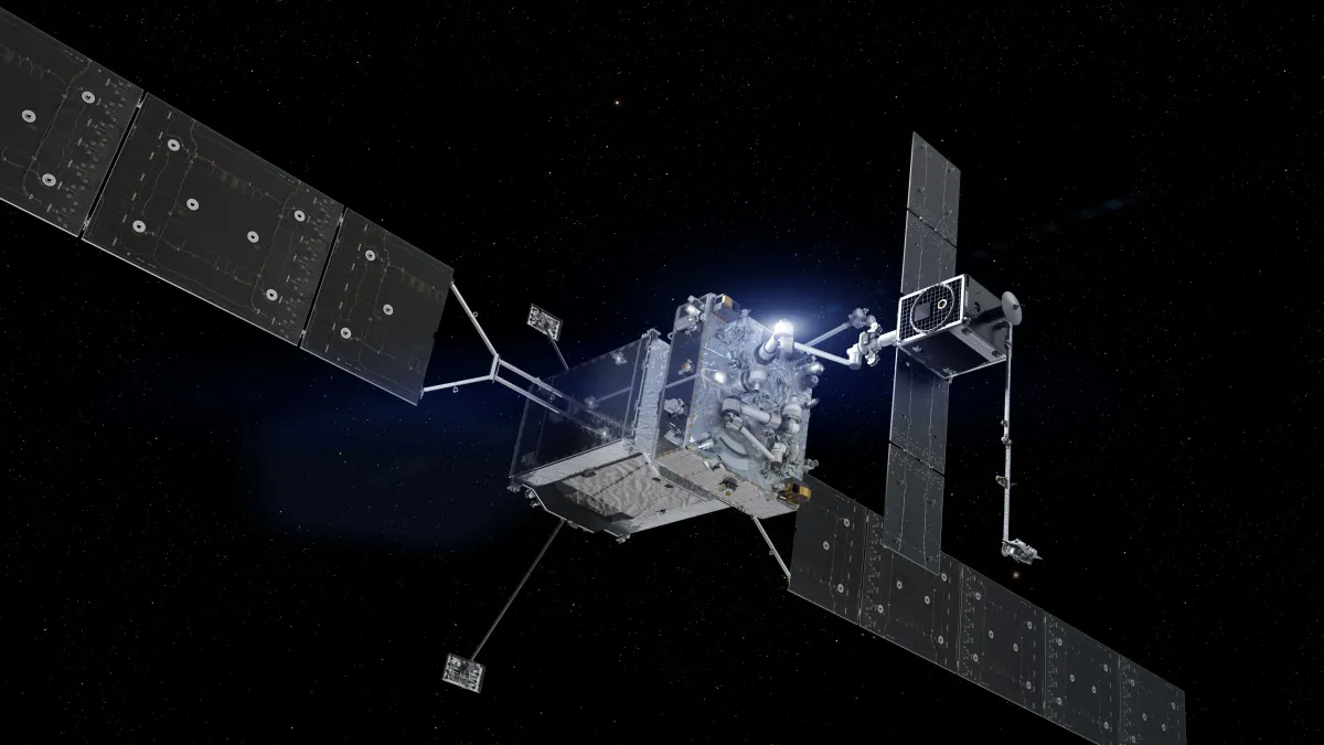 Визуализация на MRV, който монтира Mission Extension Pod на сателит