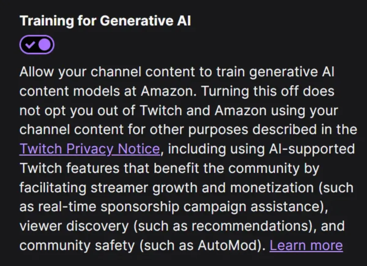 Настройката Training for Generative AI в раздела Security and Privacy на Twitch
