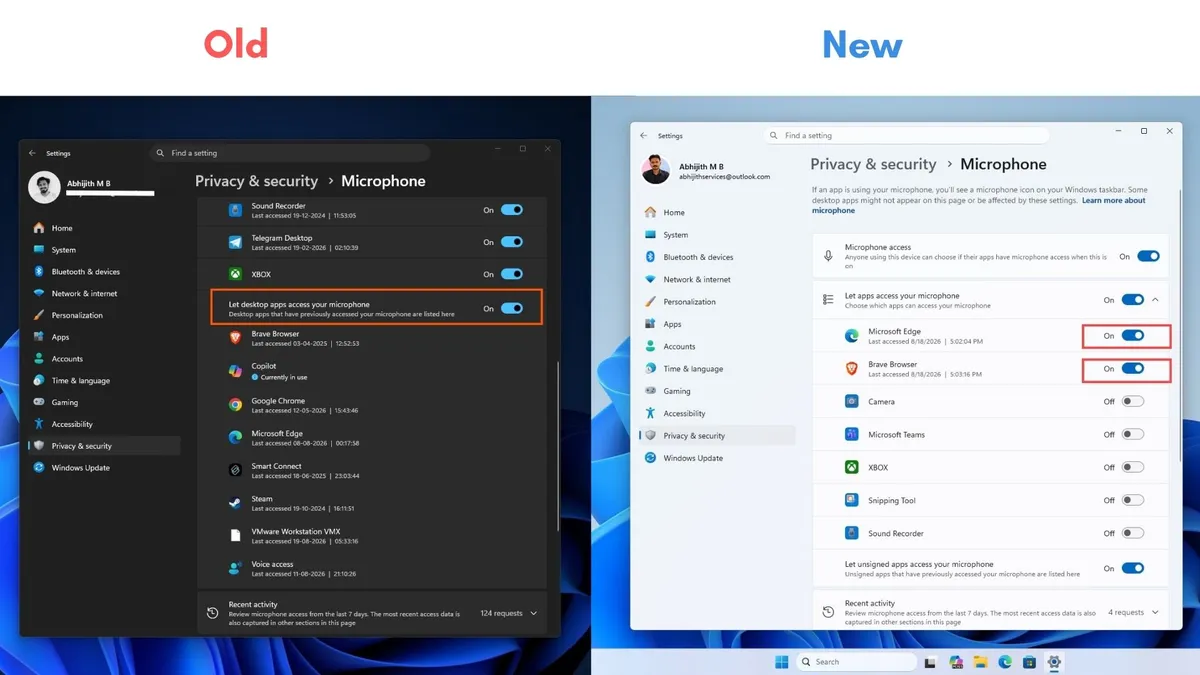 Сравнение между старата и новата страница с права за поверителност в Windows 11