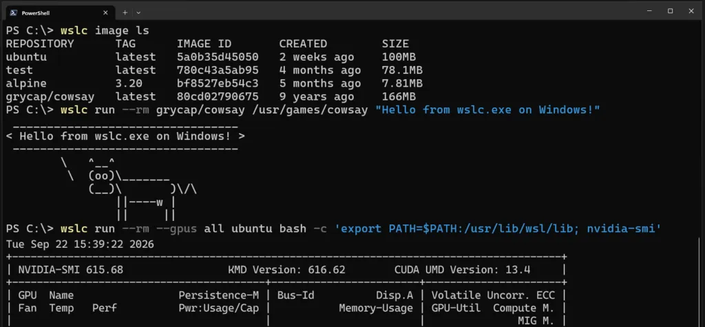 Linux контейнер, изпълнен през wslc в Windows терминал