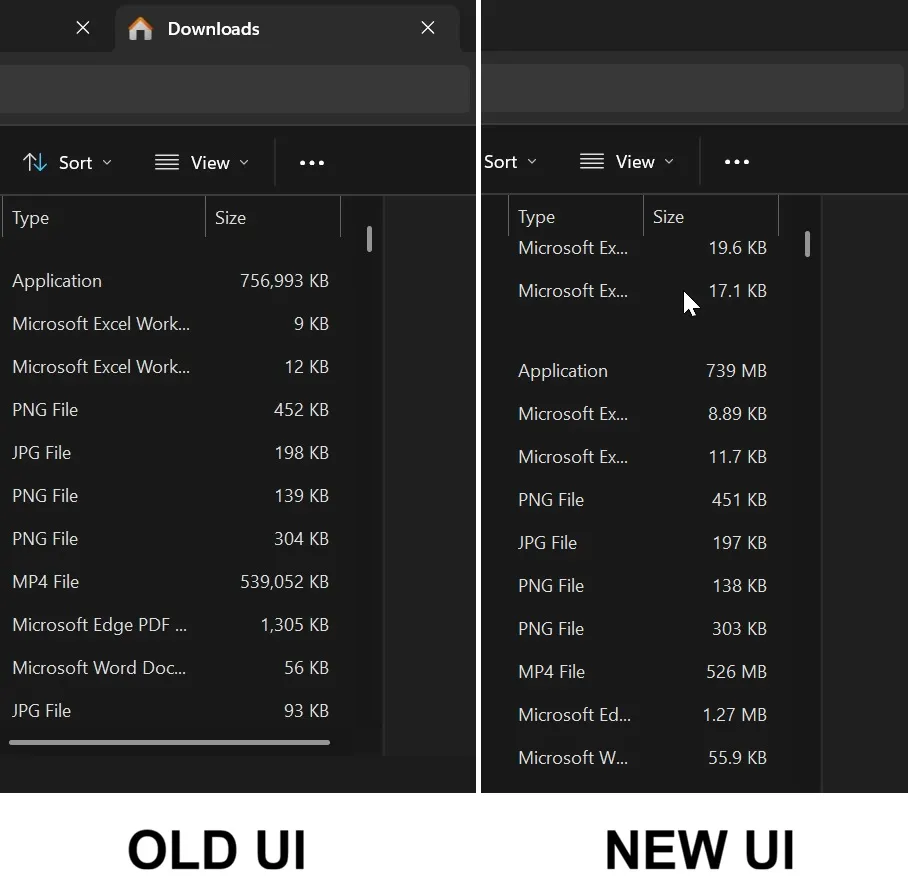 Сравнение на размерите на файлове в File Explorer преди и след актуализацията