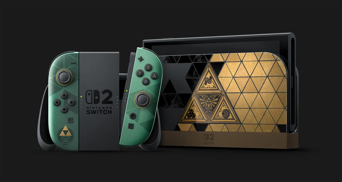 Юбилейната Nintendo Switch 2 със зелени Joy-Con 2 и док с Triforce мотив